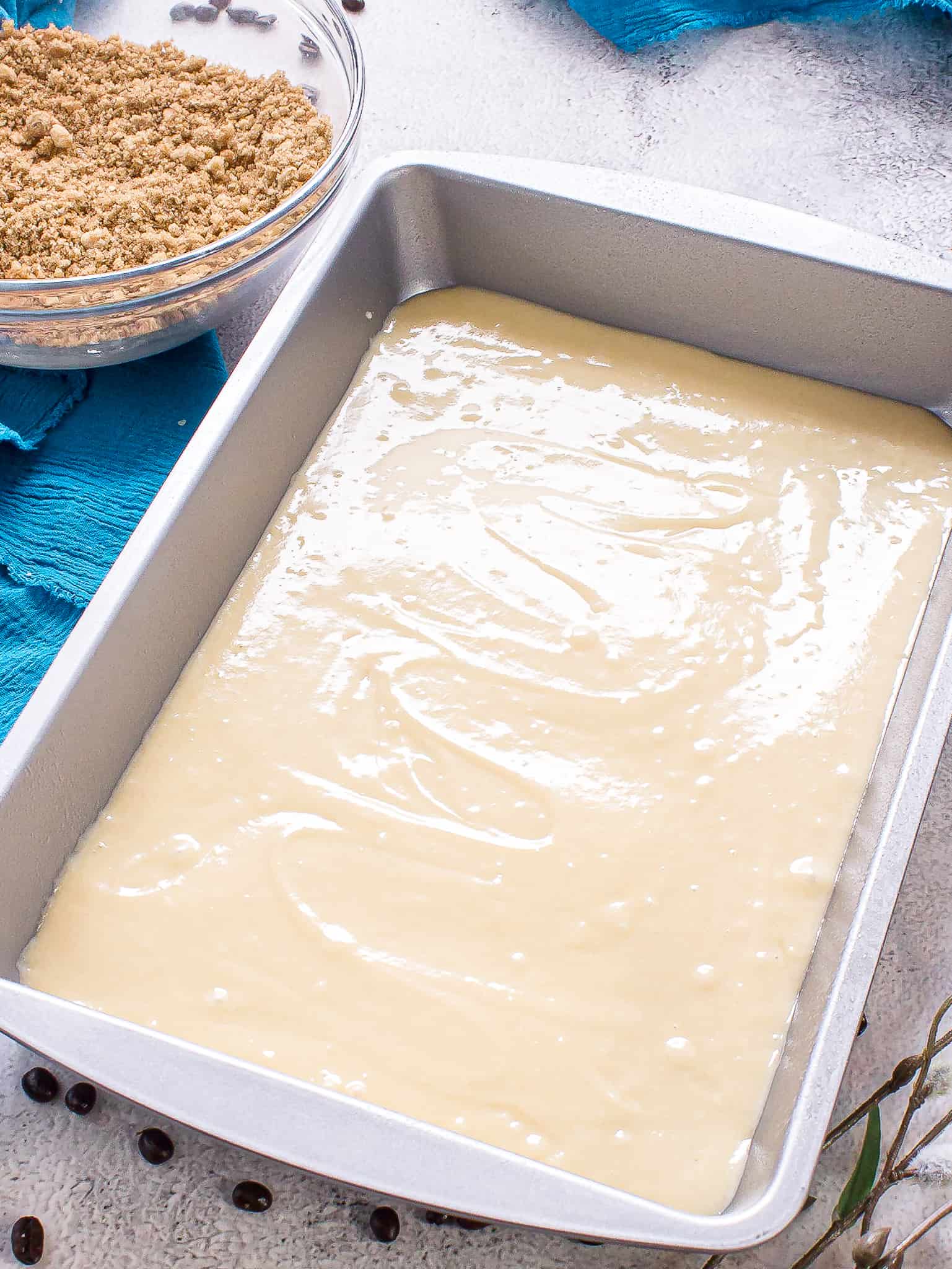 coffee cake batter in the baking dish