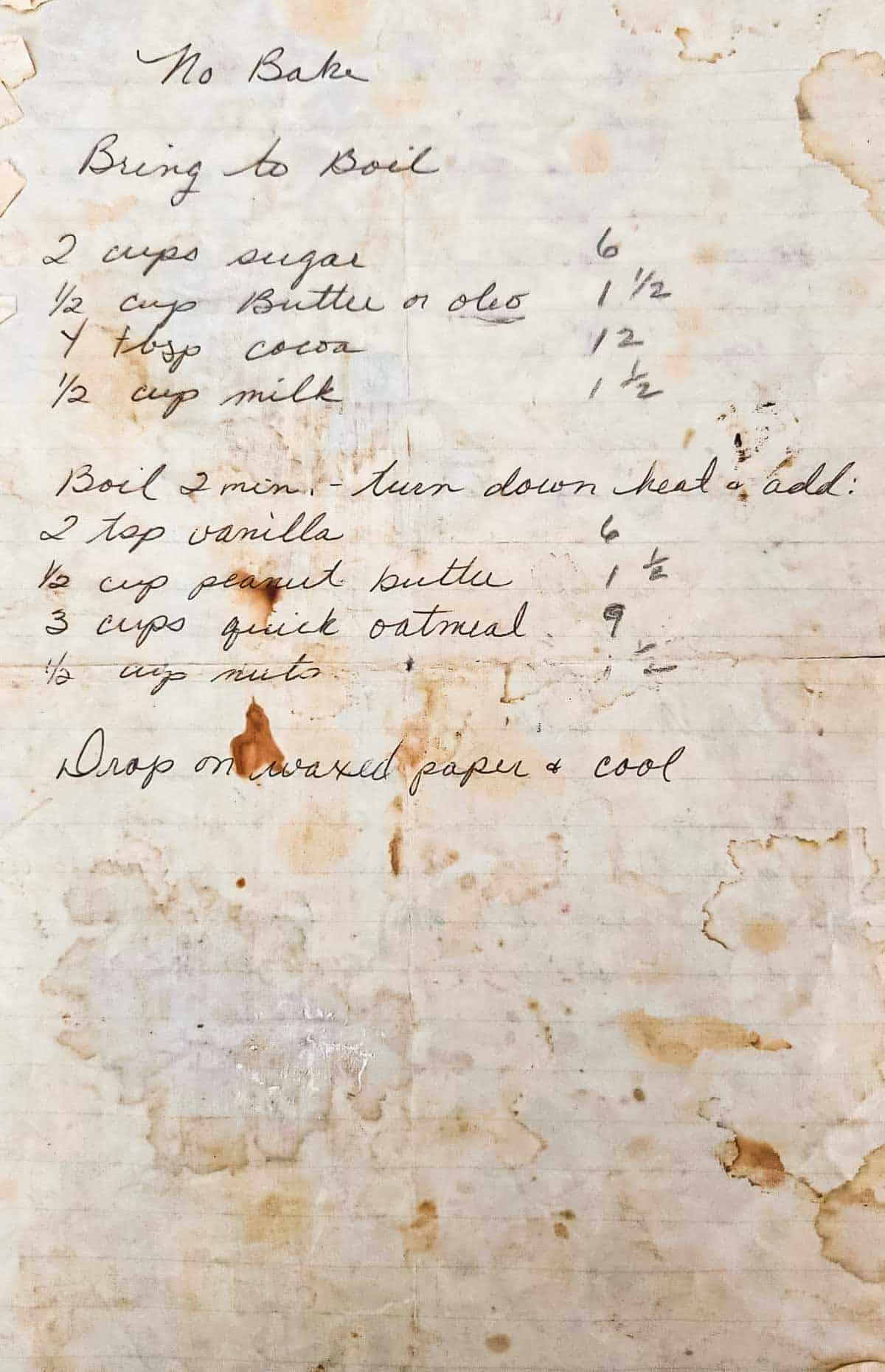 piece of paper with my grandmas recipe handwritten