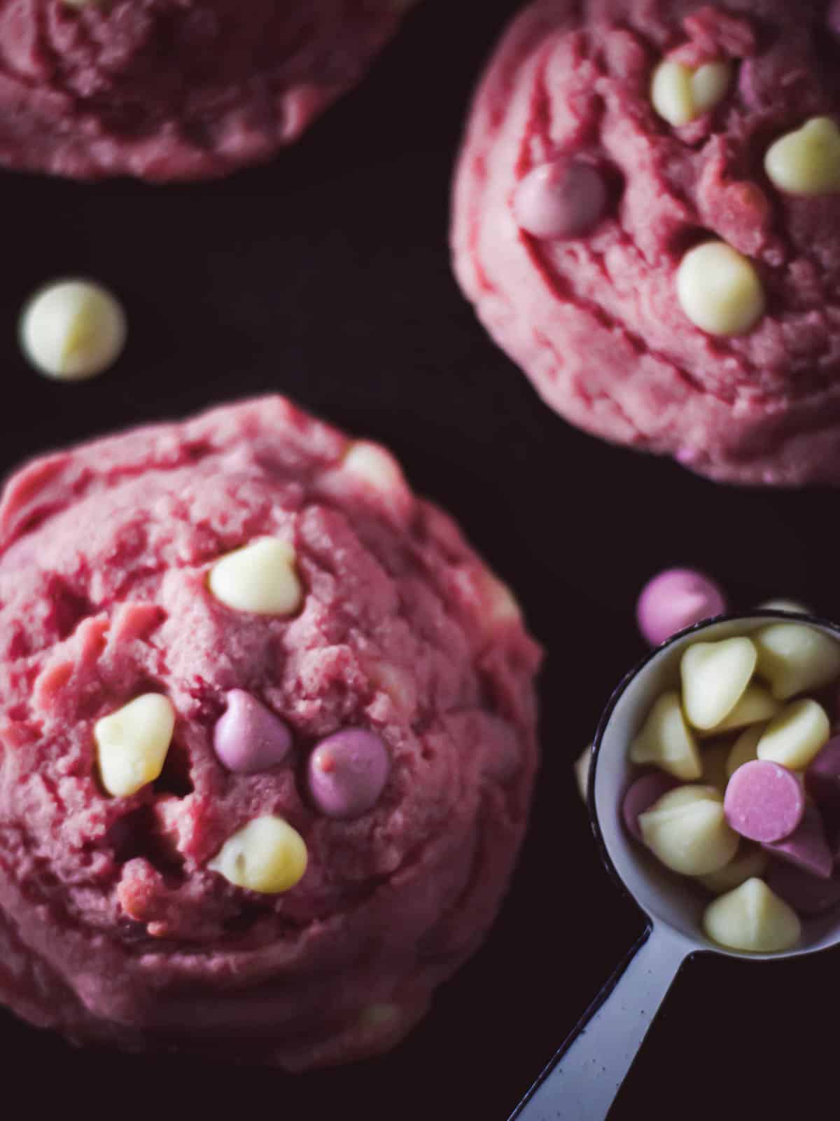pink cookies with chocolate chips