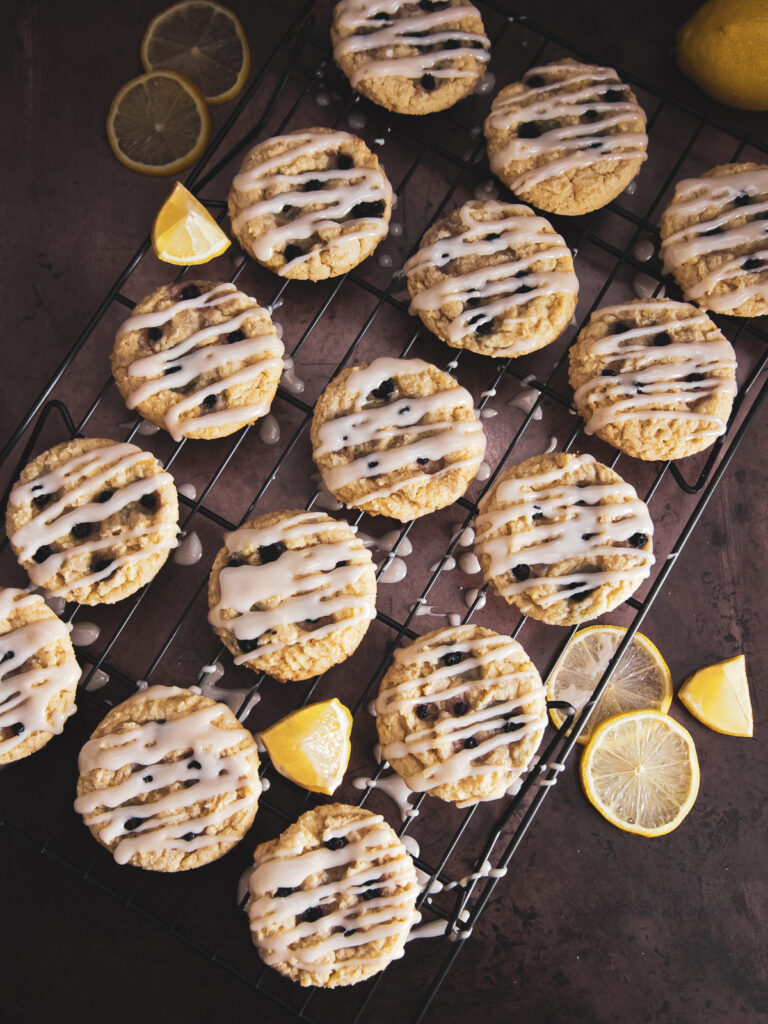 lemon blueberry cookies on a cooling rack