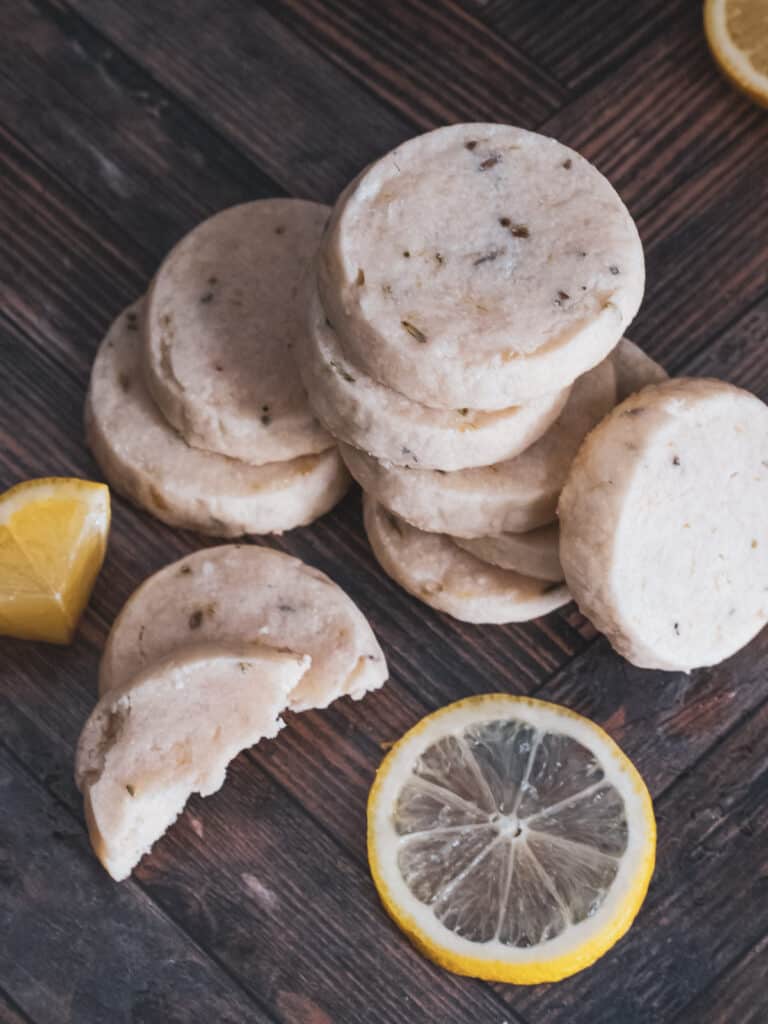 Overhead of a stack of lemon lavender shortbread cookies.