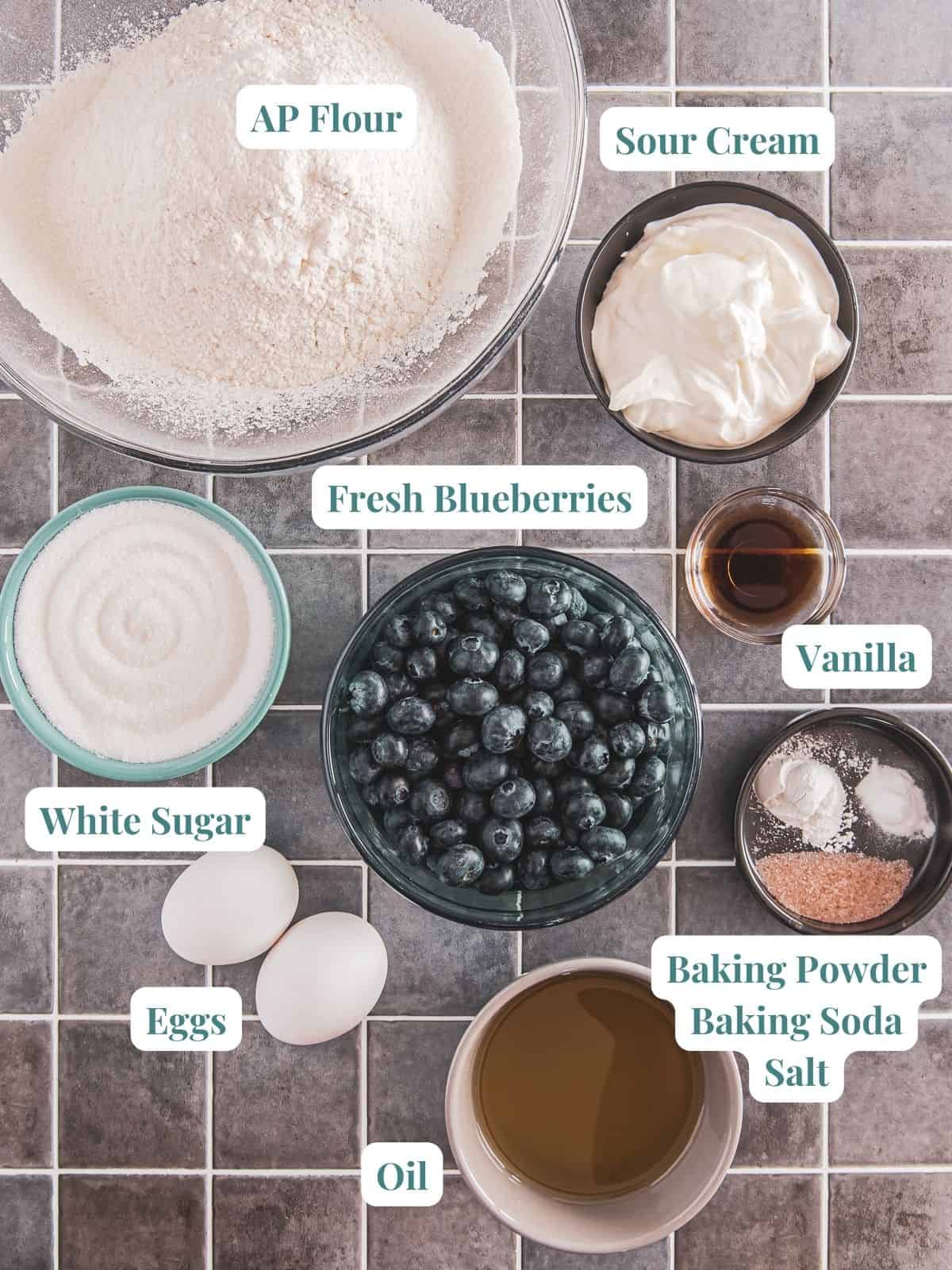 Ingredients for blueberry muffins with sour cream. 