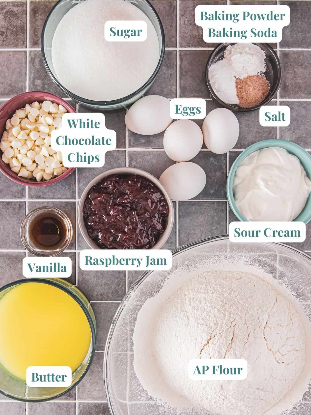 Ingredients list for a White Chocolate Raspberry Bundt Cake.
