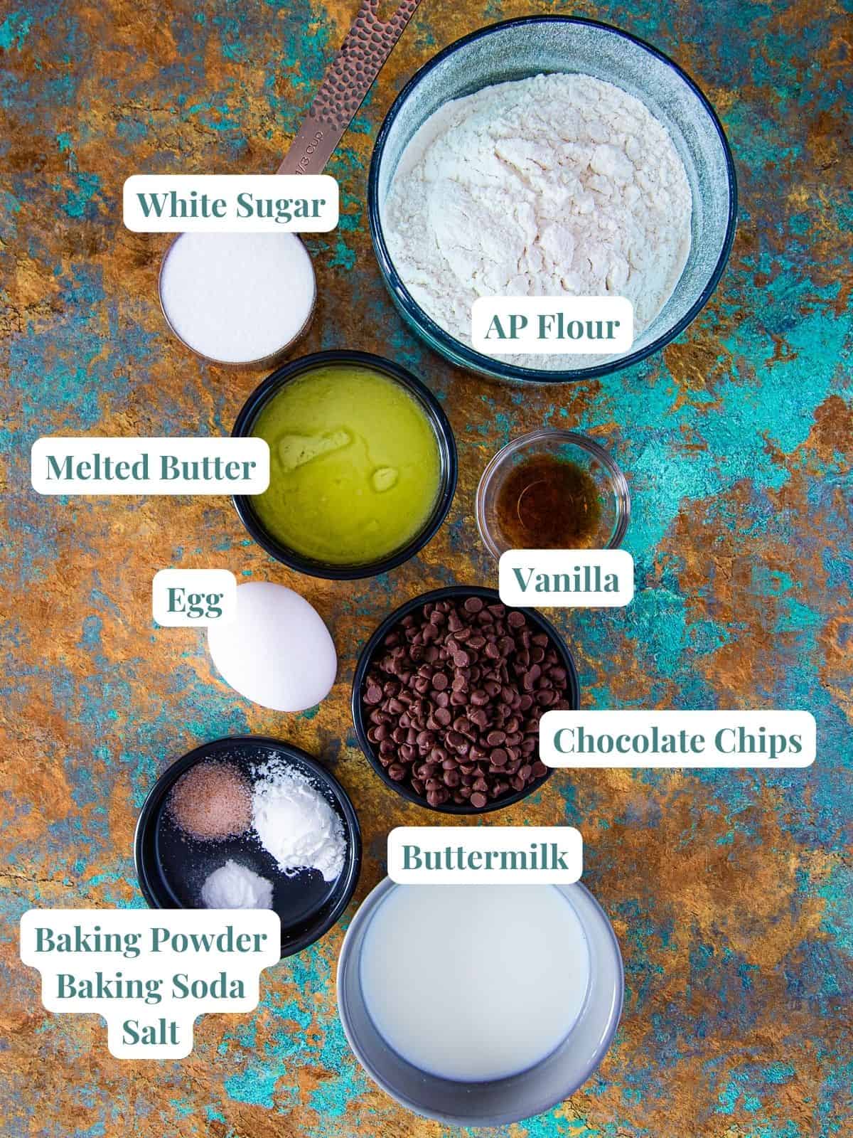 Ingredients for baked chocolate chip donuts.
