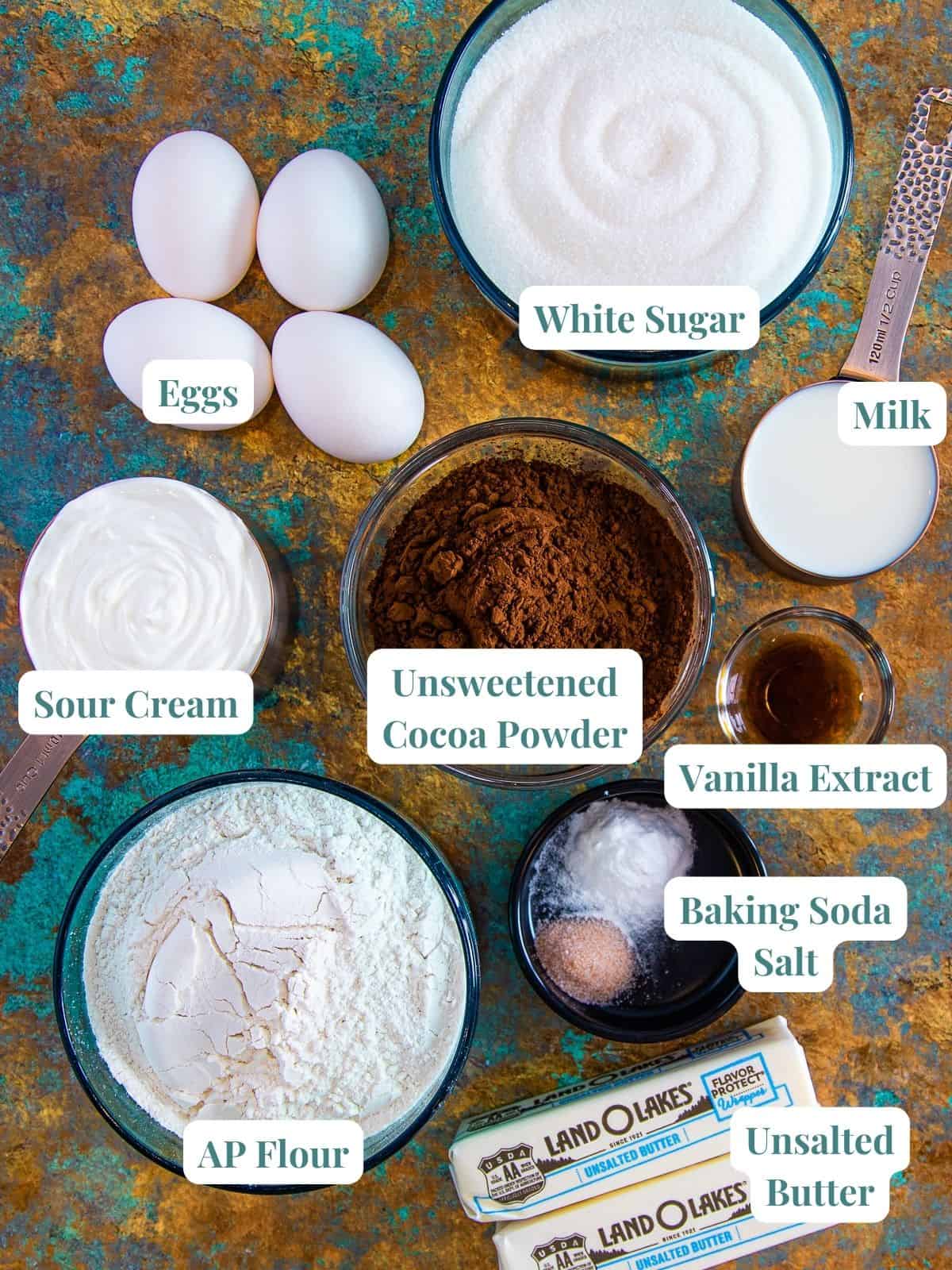 Chocolate pound cake ingredients.