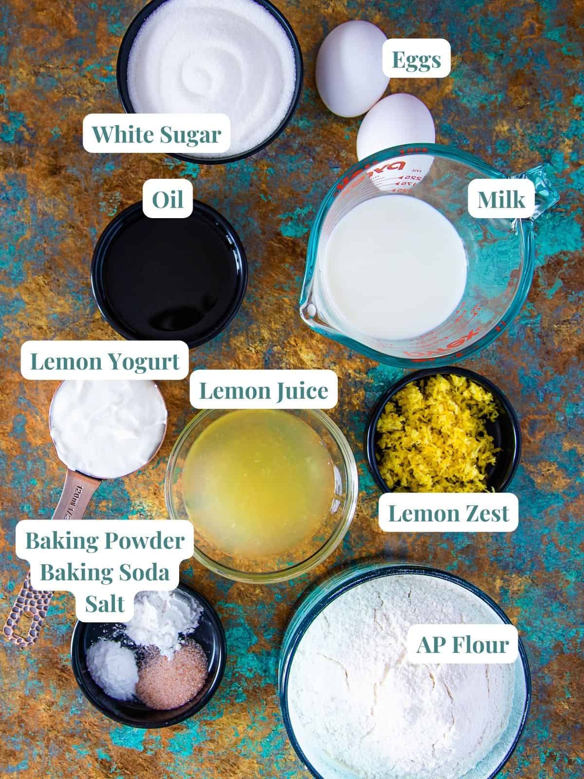 Ingredients for a baked lemon donuts with lemon glaze.
