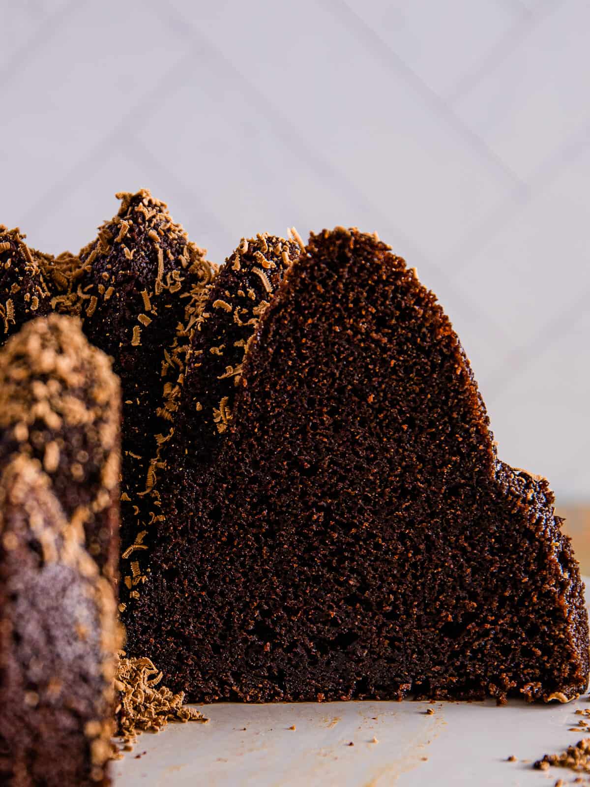 Cross section slice of chocolate cake.