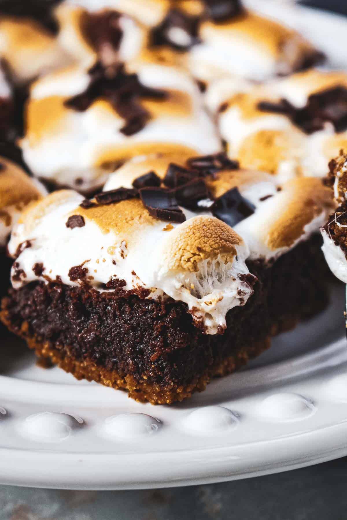 A close up of s'mores brownies with chocolate shavings.