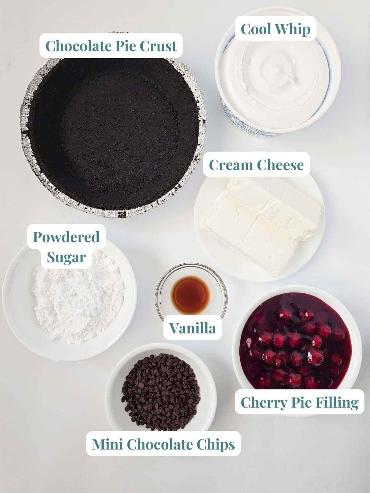 No Bake Chocolate Cherry cheesecake ingredients with Cool Whip.