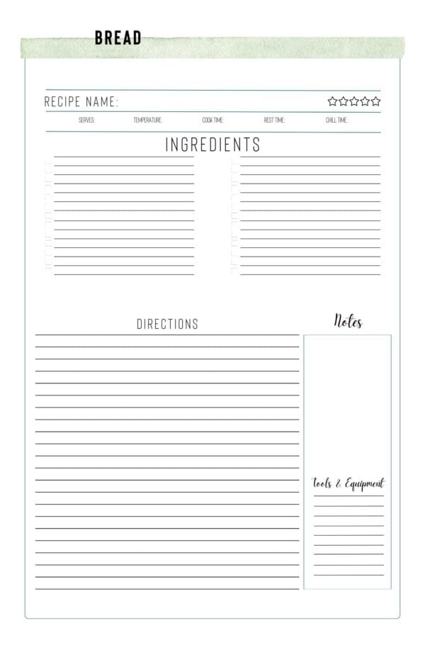 A recipe card with the words bread and ingredients.